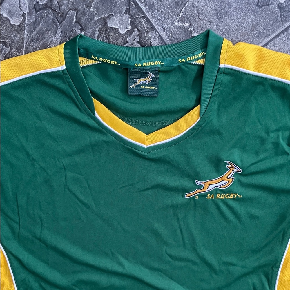 SOUTH AFRICA RUGBY Green & Yellow Jersey w Embroidered Logos Athletics Sport Fan